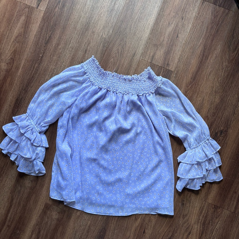 CeCe Blue/White/Orange Smocked Ruffle Blouse